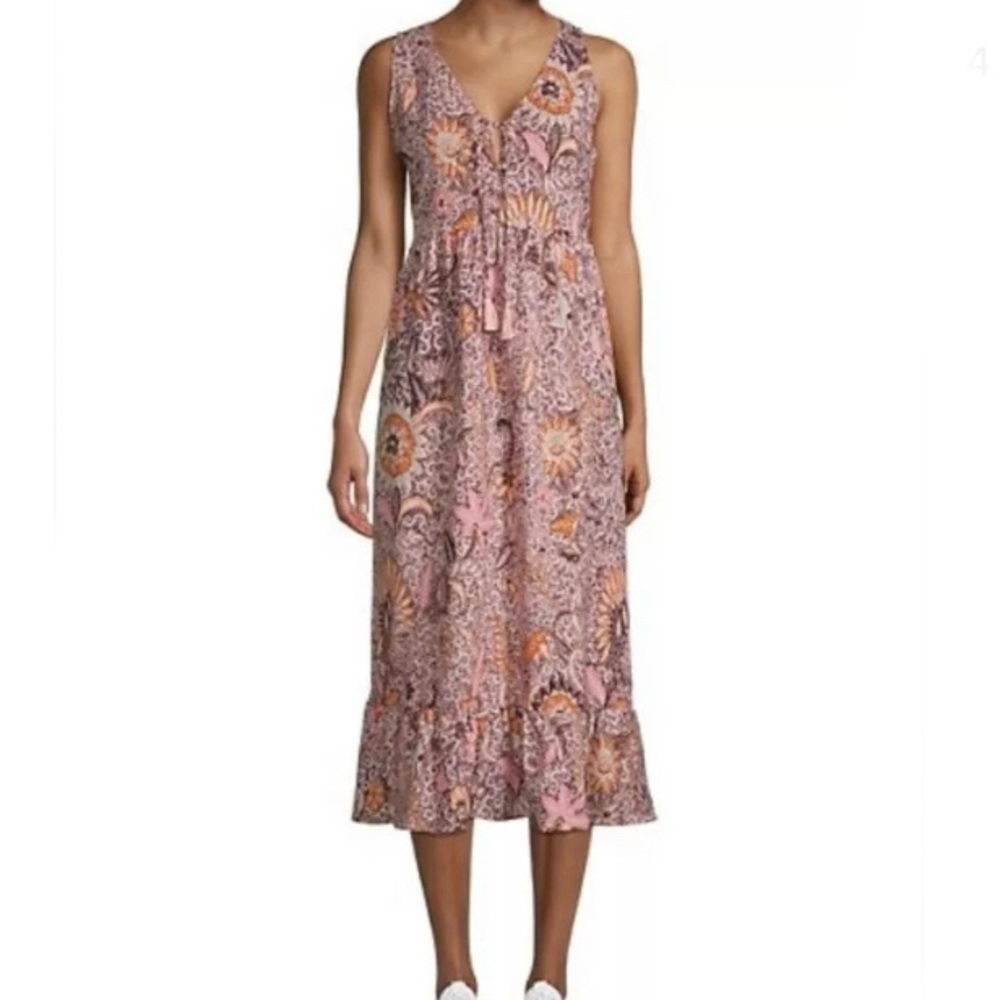 Madewell Bali Light Petal Block Print Midi Dress Floral Lace Up Chest Size 4 NWT